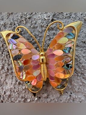 Vintage Butterfly Brooch Gold Tone Abalone Mother of Pearl Shell Inlay Pin